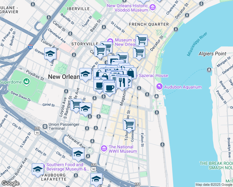 map of restaurants, bars, coffee shops, grocery stores, and more near 338 Camp Street in New Orleans