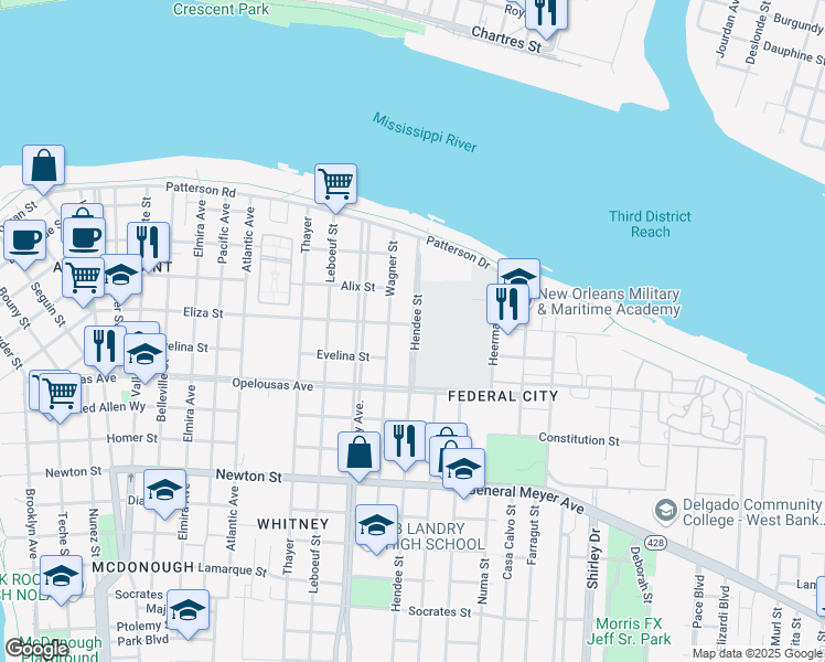 map of restaurants, bars, coffee shops, grocery stores, and more near 440 Wagner Street in New Orleans