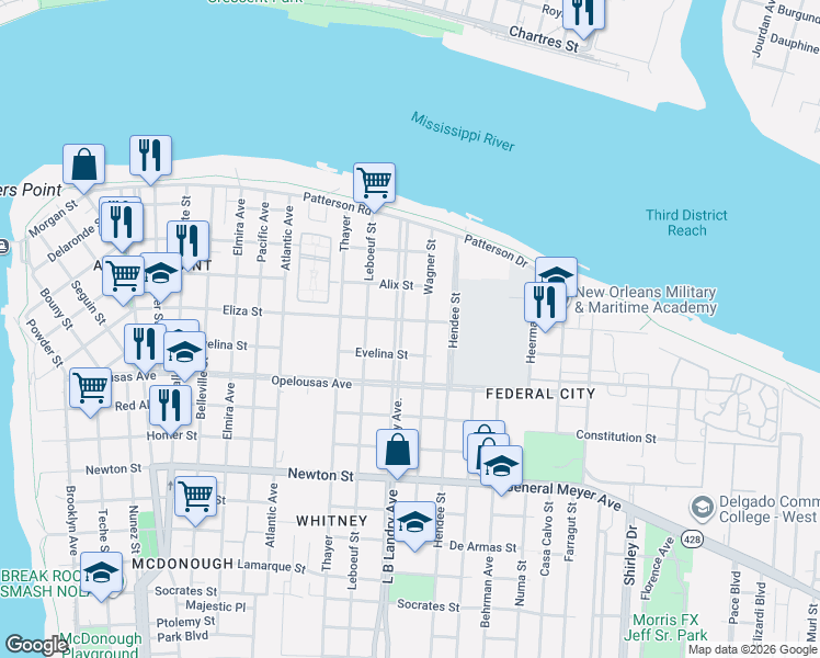 map of restaurants, bars, coffee shops, grocery stores, and more near 450 Whitney Avenue in New Orleans