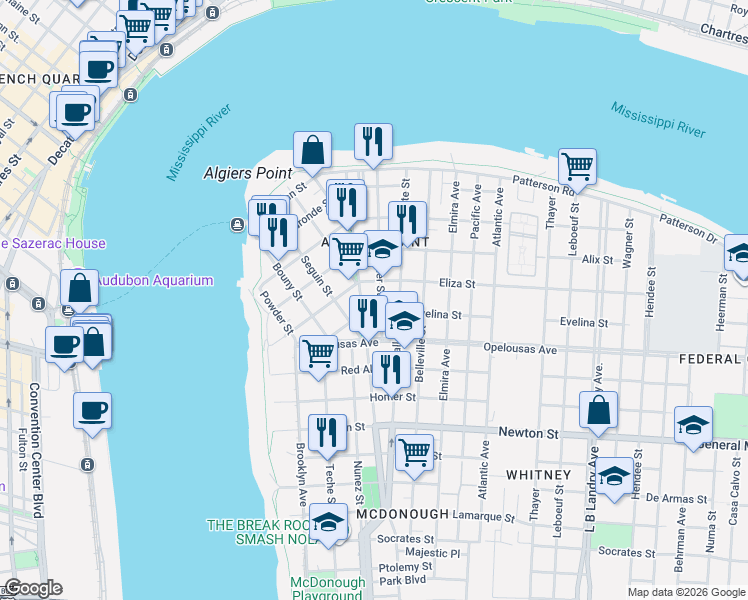 map of restaurants, bars, coffee shops, grocery stores, and more near 502 Olivier Street in New Orleans