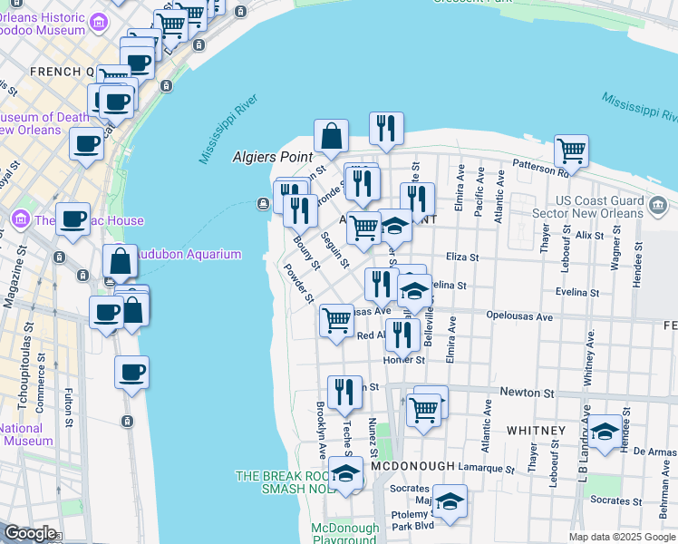map of restaurants, bars, coffee shops, grocery stores, and more near 519 Seguin Street in New Orleans