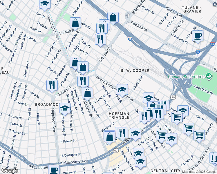 map of restaurants, bars, coffee shops, grocery stores, and more near in New Orleans