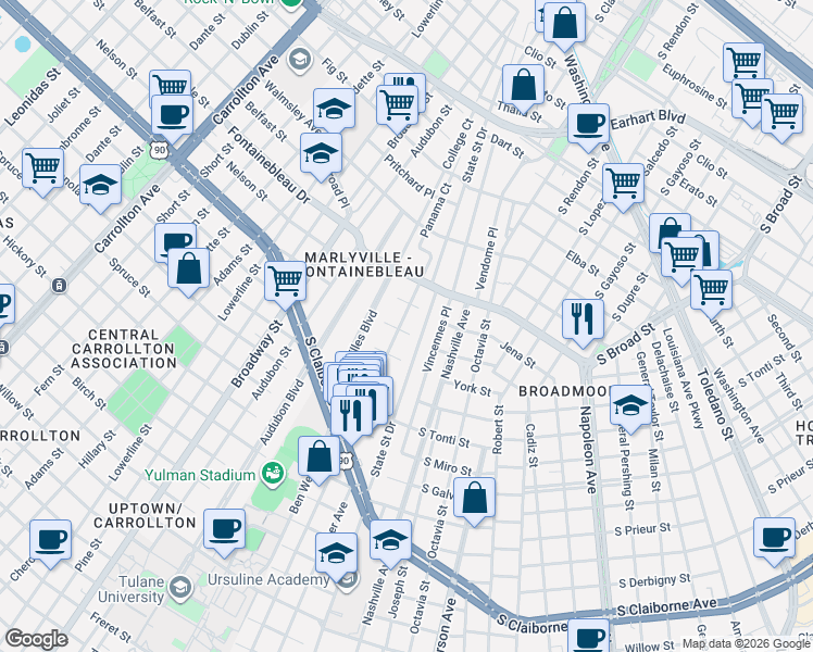 map of restaurants, bars, coffee shops, grocery stores, and more near 3810 State Street Drive in New Orleans