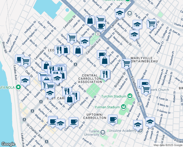map of restaurants, bars, coffee shops, grocery stores, and more near 1823 Fern Street in New Orleans