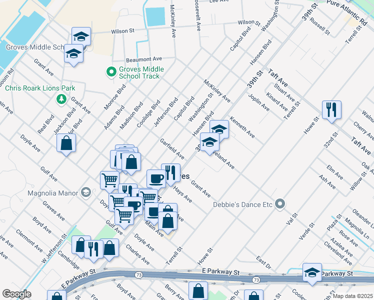 map of restaurants, bars, coffee shops, grocery stores, and more near 6439 Hansen Boulevard in Groves