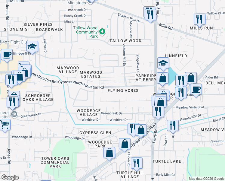 map of restaurants, bars, coffee shops, grocery stores, and more near 9925 Cypress North Houston Road in Houston