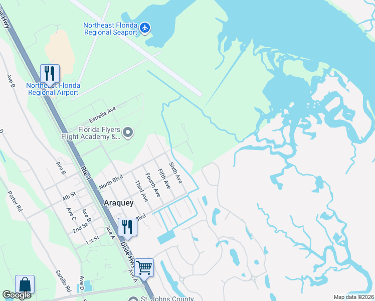 map of restaurants, bars, coffee shops, grocery stores, and more near 105 Trier Lane in St. Augustine