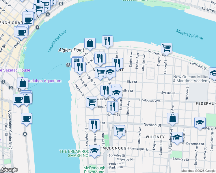 map of restaurants, bars, coffee shops, grocery stores, and more near 502 Olivier Street in New Orleans