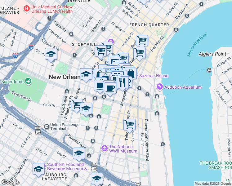 map of restaurants, bars, coffee shops, grocery stores, and more near 334 Camp Street in New Orleans