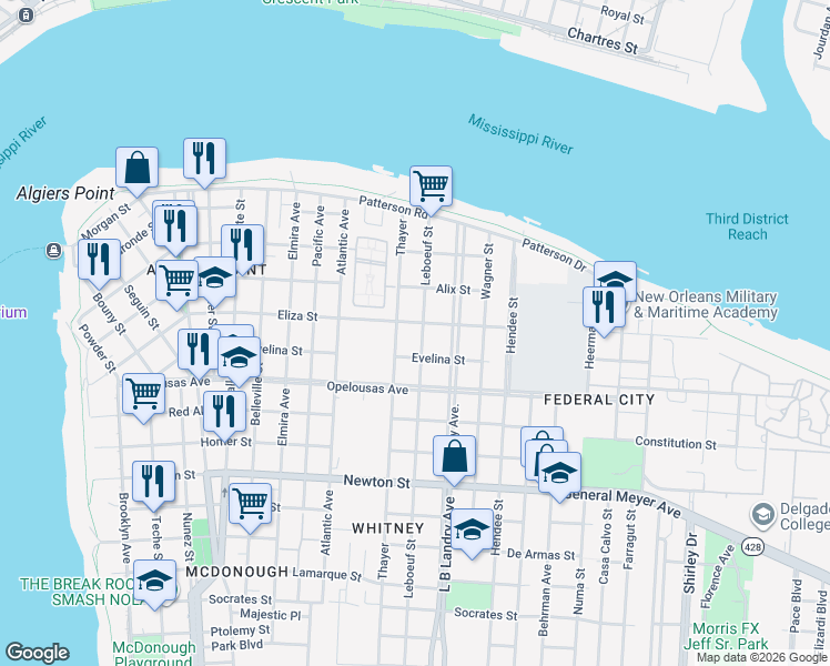 map of restaurants, bars, coffee shops, grocery stores, and more near 509 Leboeuf Street in New Orleans
