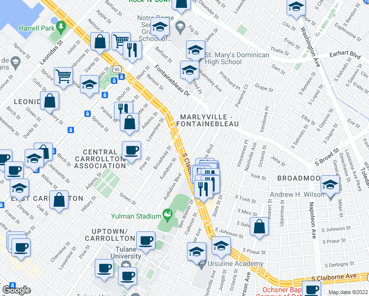 map of restaurants, bars, coffee shops, grocery stores, and more near 7131 South Claiborne Avenue in New Orleans