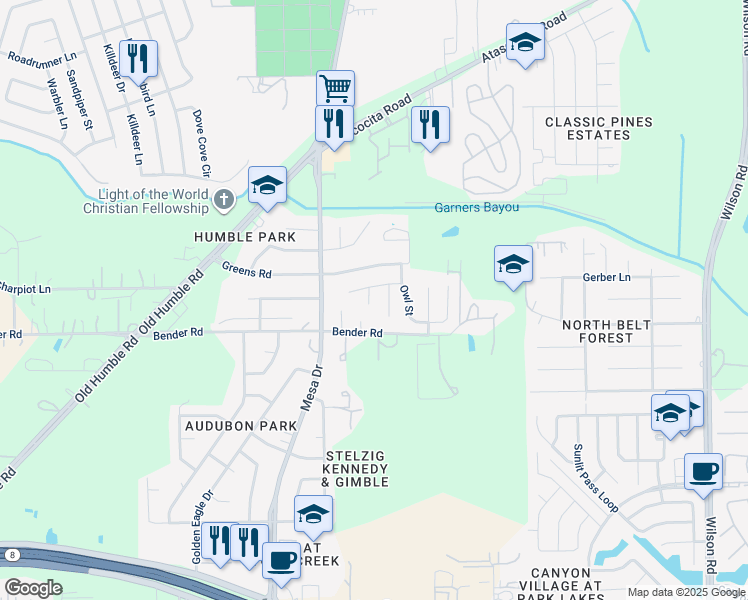 map of restaurants, bars, coffee shops, grocery stores, and more near 15915 Wax Bill Court in Humble