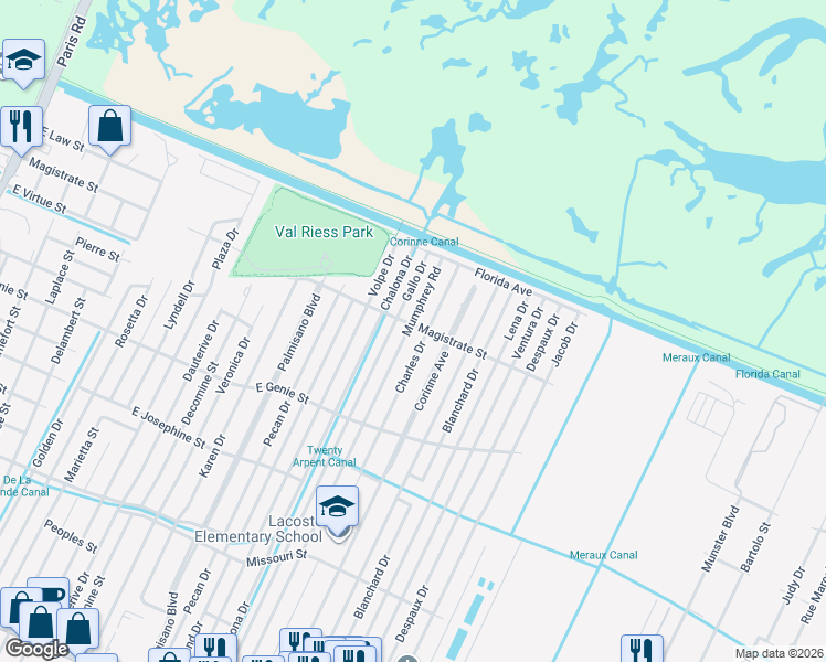 map of restaurants, bars, coffee shops, grocery stores, and more near 3801 Mumphrey Road in Chalmette