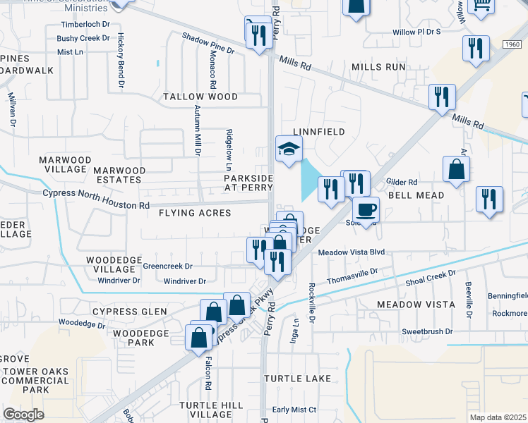 map of restaurants, bars, coffee shops, grocery stores, and more near 12231 Perry Road in Houston
