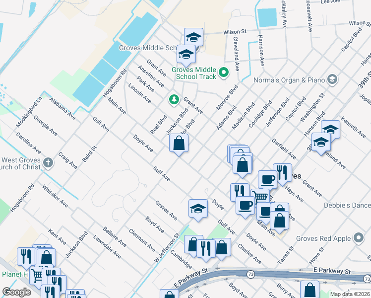 map of restaurants, bars, coffee shops, grocery stores, and more near 6160 Monroe Boulevard in Groves