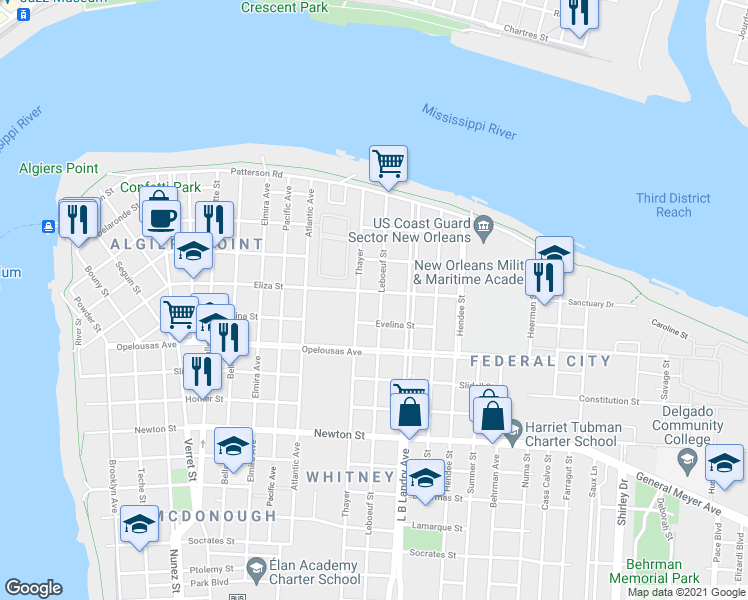 map of restaurants, bars, coffee shops, grocery stores, and more near 509 Leboeuf Street in New Orleans