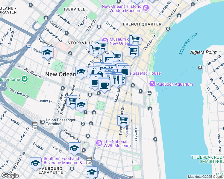 map of restaurants, bars, coffee shops, grocery stores, and more near 338 Camp Street in New Orleans