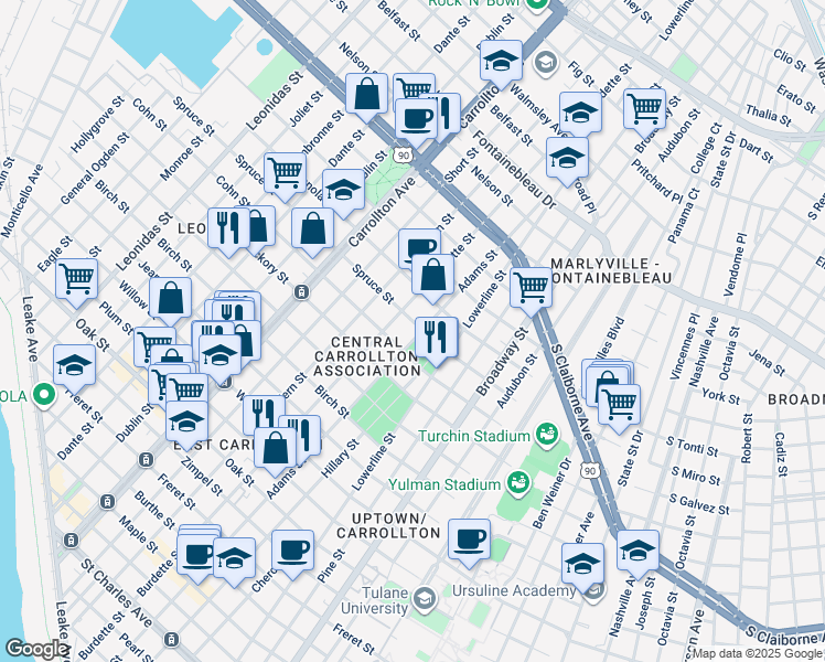map of restaurants, bars, coffee shops, grocery stores, and more near 1919 Burdette Street in New Orleans