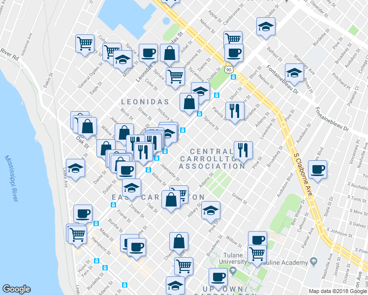 map of restaurants, bars, coffee shops, grocery stores, and more near in New Orleans
