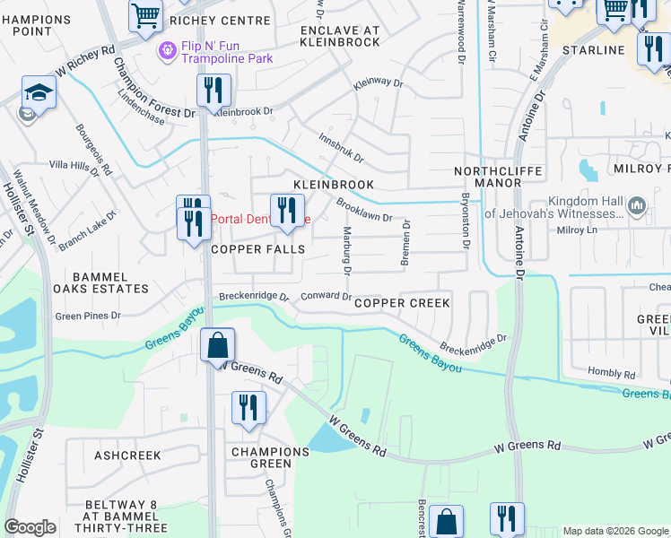 map of restaurants, bars, coffee shops, grocery stores, and more near 4823 Marburg Court in Houston