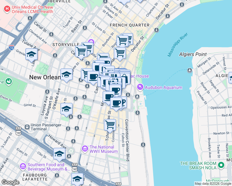 map of restaurants, bars, coffee shops, grocery stores, and more near 300 Canal Street in New Orleans