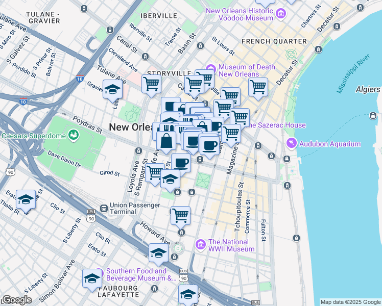 map of restaurants, bars, coffee shops, grocery stores, and more near 701 Poydras Street in New Orleans