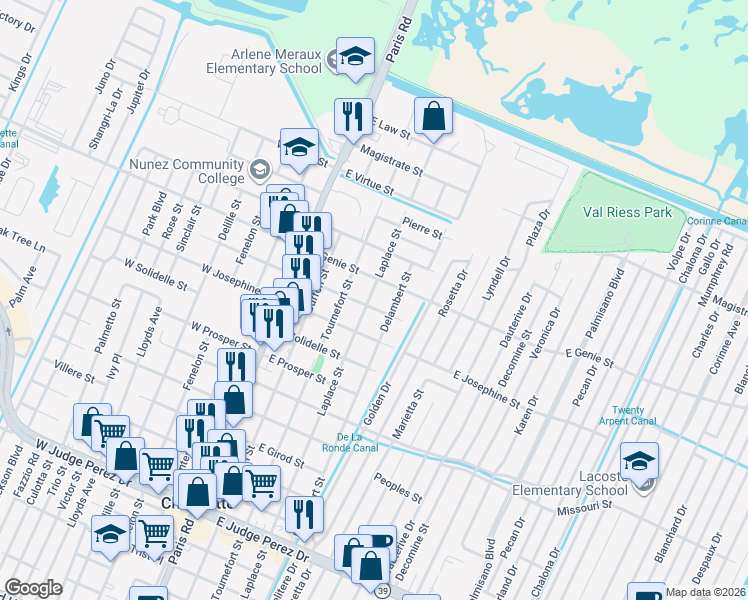 map of restaurants, bars, coffee shops, grocery stores, and more near 3516 Laplace Street in Chalmette