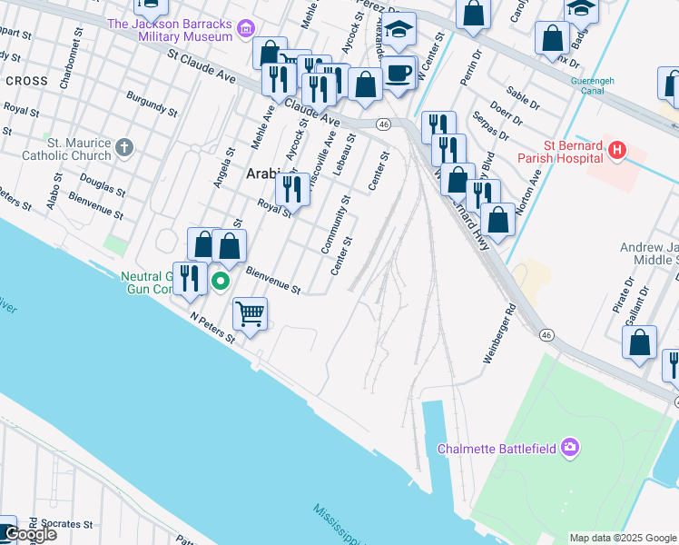 map of restaurants, bars, coffee shops, grocery stores, and more near 415 Center Street in Arabi