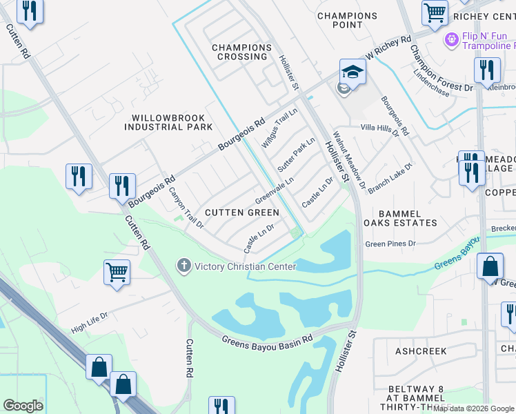 map of restaurants, bars, coffee shops, grocery stores, and more near 6518 Greenvale Lane in Houston