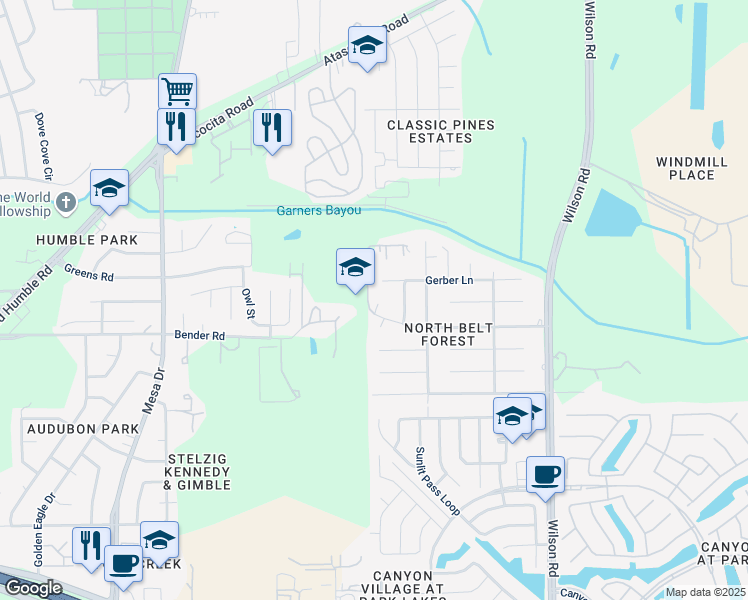 map of restaurants, bars, coffee shops, grocery stores, and more near 3918 Salina Court in Humble