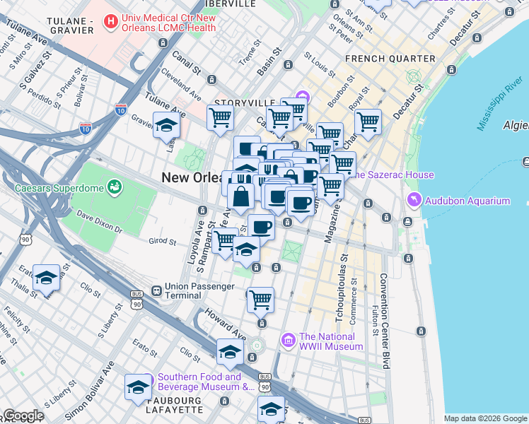 map of restaurants, bars, coffee shops, grocery stores, and more near 822 Perdido Street in New Orleans