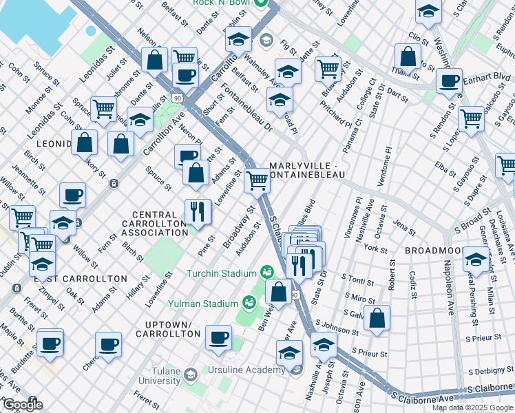 map of restaurants, bars, coffee shops, grocery stores, and more near 7131 South Claiborne Avenue in New Orleans