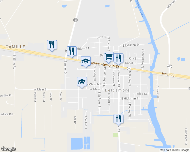 map of restaurants, bars, coffee shops, grocery stores, and more near 302 North Landry Street in Delcambre
