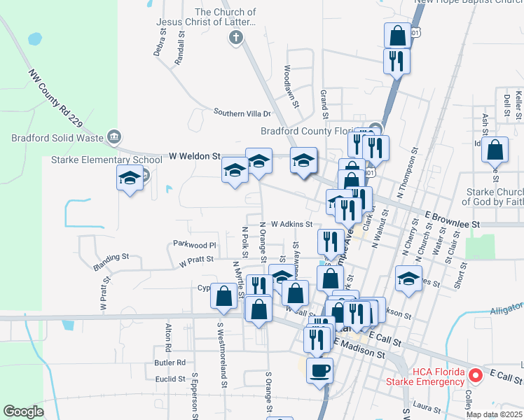 map of restaurants, bars, coffee shops, grocery stores, and more near 527 North Orange Street in Starke