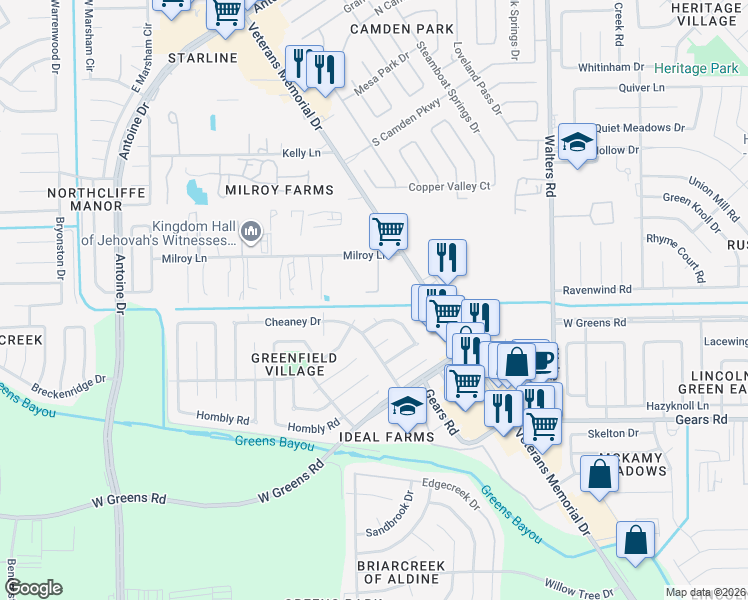 map of restaurants, bars, coffee shops, grocery stores, and more near 2541 Milroy Lane in Houston