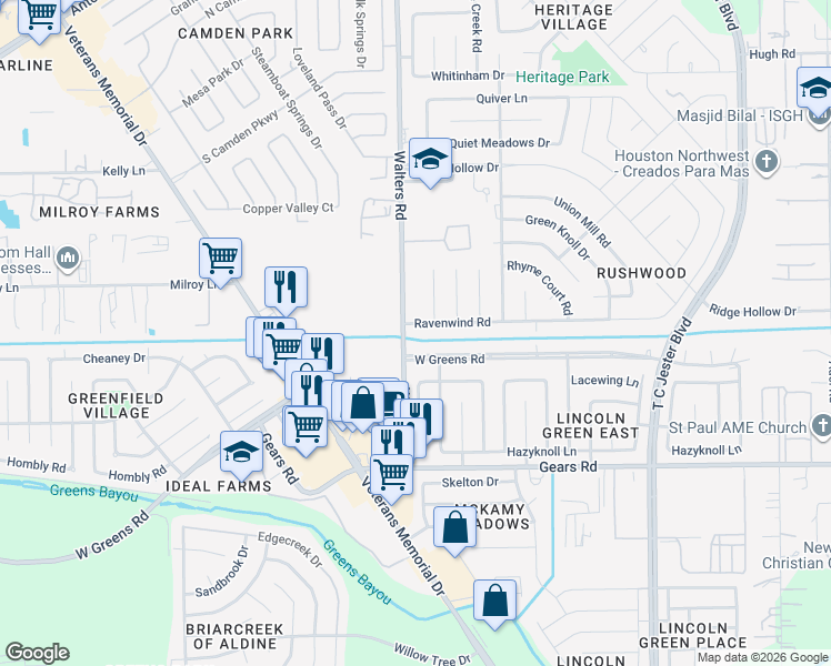 map of restaurants, bars, coffee shops, grocery stores, and more near 11526 Walters Road in Houston