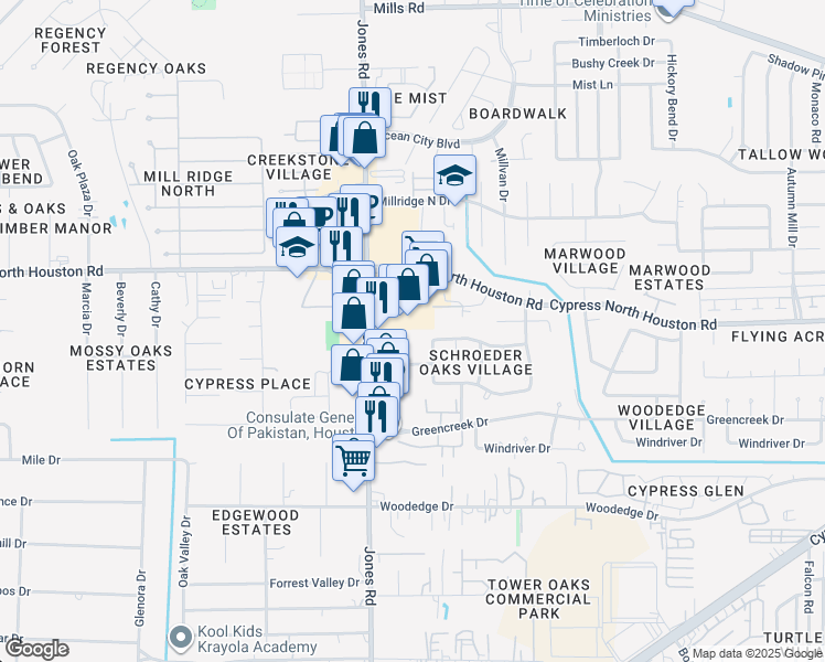 map of restaurants, bars, coffee shops, grocery stores, and more near 12126 Cyprus Field in Houston