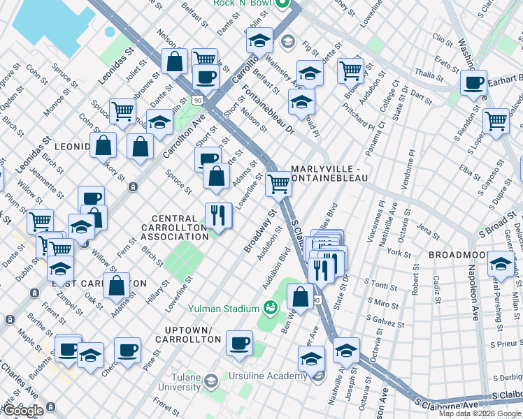map of restaurants, bars, coffee shops, grocery stores, and more near 2200 Broadway Street in New Orleans