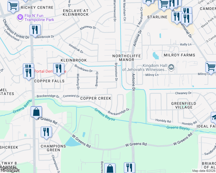 map of restaurants, bars, coffee shops, grocery stores, and more near 3842 Buckhurst Drive in Houston