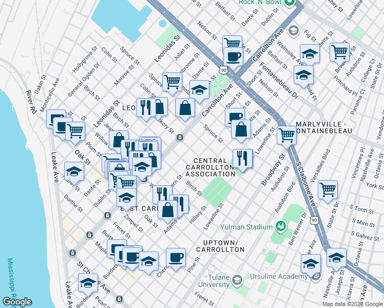 map of restaurants, bars, coffee shops, grocery stores, and more near 7918 Hickory Street in New Orleans