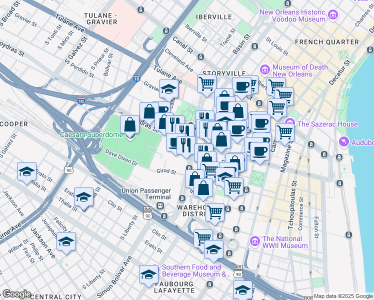 map of restaurants, bars, coffee shops, grocery stores, and more near 1250 Poydras Street in New Orleans