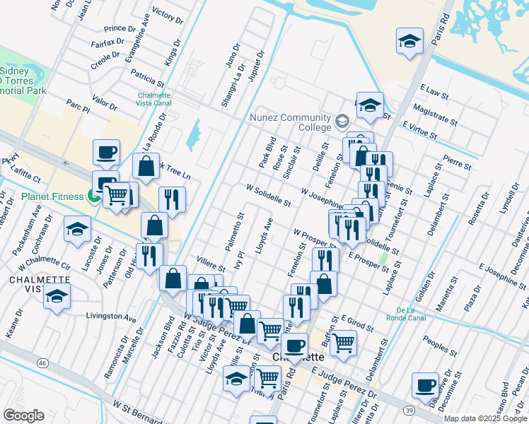 map of restaurants, bars, coffee shops, grocery stores, and more near 508 West Prosper Street in Chalmette