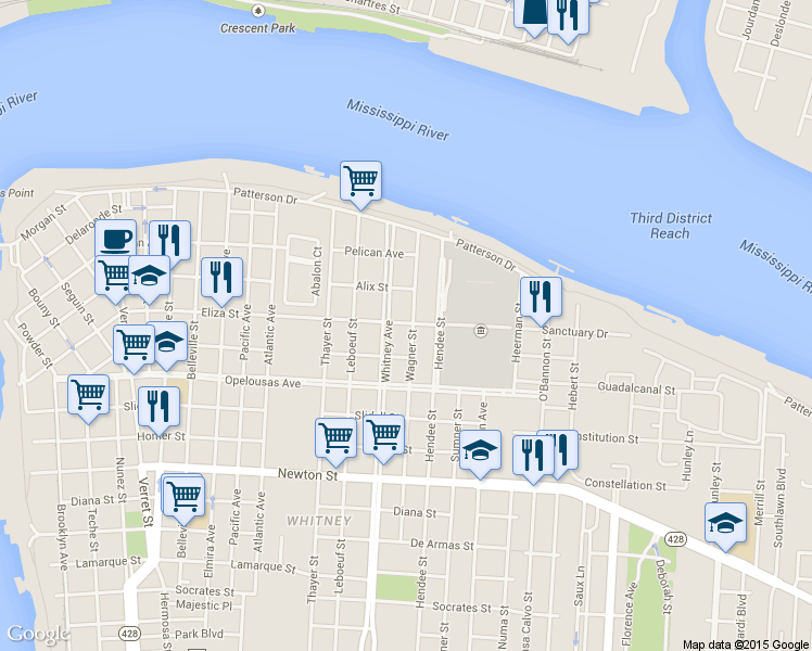 map of restaurants, bars, coffee shops, grocery stores, and more near 440 Wagner Street in New Orleans