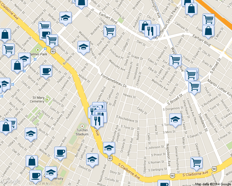 map of restaurants, bars, coffee shops, grocery stores, and more near 3810 State Street Drive in New Orleans