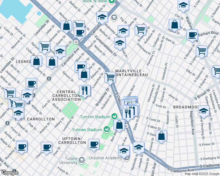 map of restaurants, bars, coffee shops, grocery stores, and more near 7131 South Claiborne Avenue in New Orleans