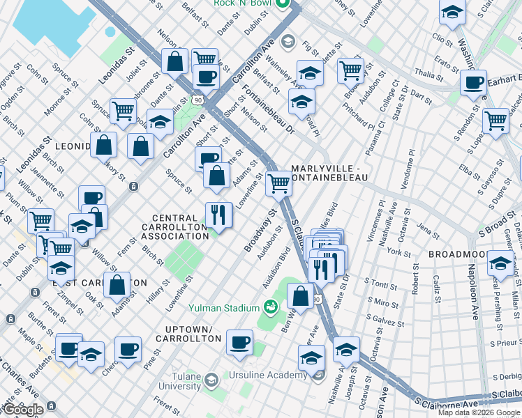 map of restaurants, bars, coffee shops, grocery stores, and more near 2200 Broadway Street in New Orleans