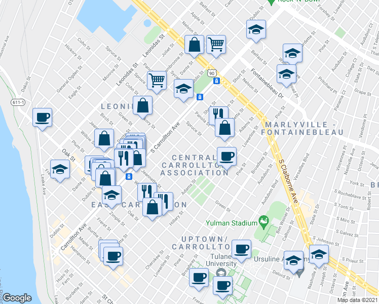 map of restaurants, bars, coffee shops, grocery stores, and more near 1823 Fern Street in New Orleans