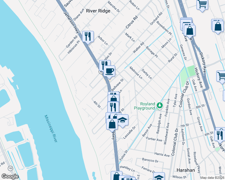 map of restaurants, bars, coffee shops, grocery stores, and more near 513 Bellview Street in River Ridge