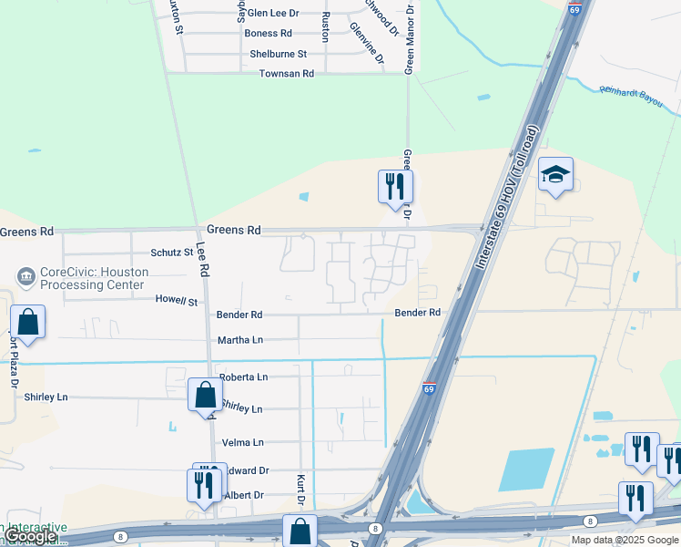 map of restaurants, bars, coffee shops, grocery stores, and more near 6060 Greens Road in Humble