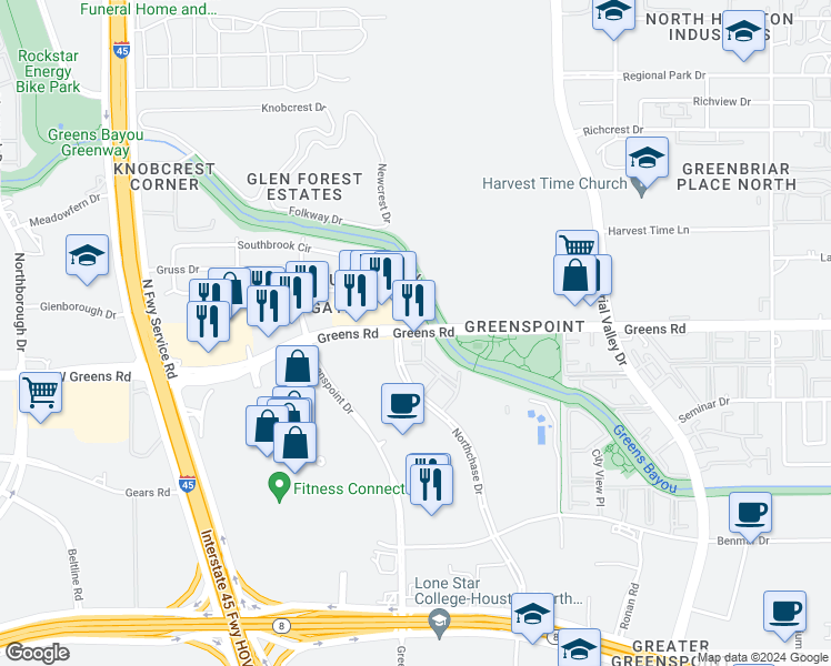 map of restaurants, bars, coffee shops, grocery stores, and more near in Houston